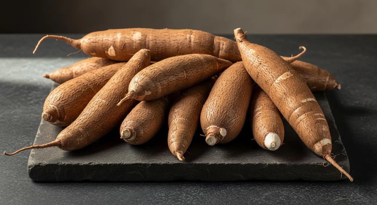 Fresh cassava roots on dark stone surface
