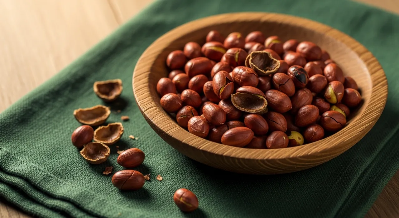 Roasted groundnuts in a traditional wooden bowl
