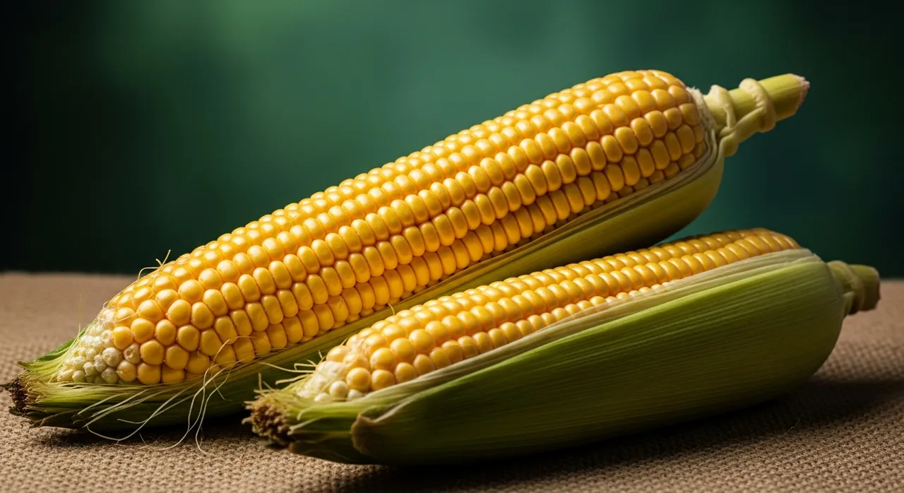 Yellow maize cobs with husks on jute sacking