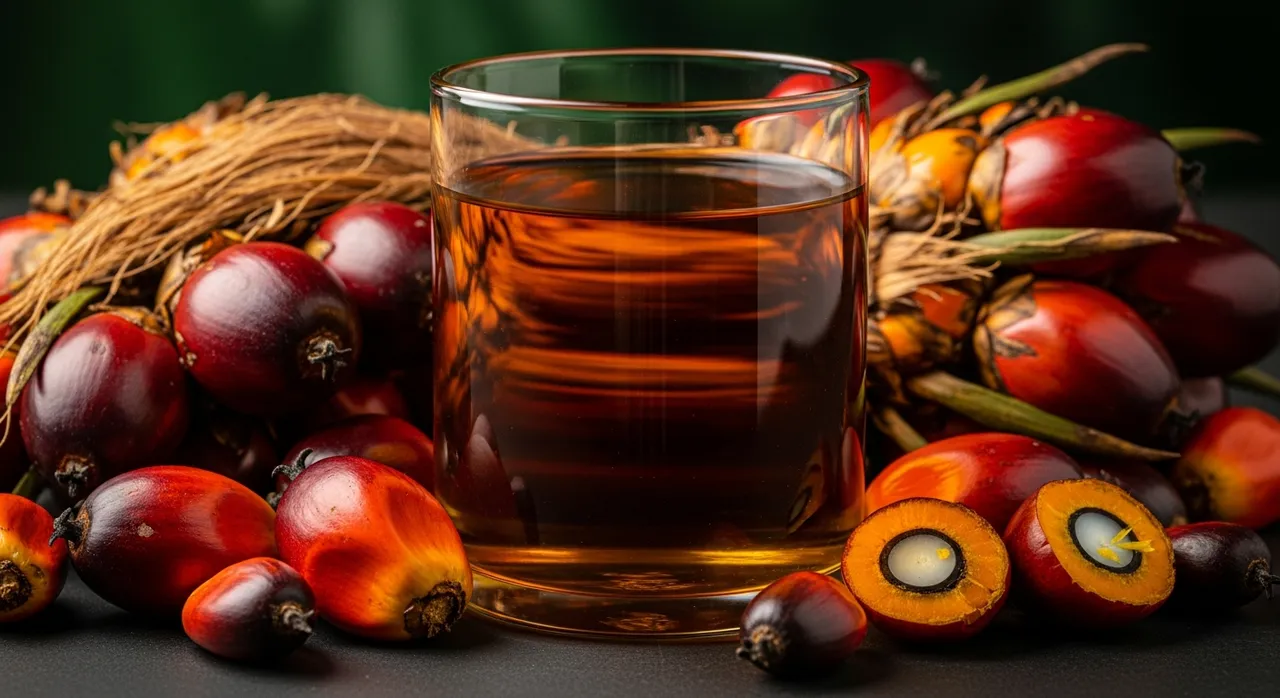 Golden-red palm oil with ripe palm fruits