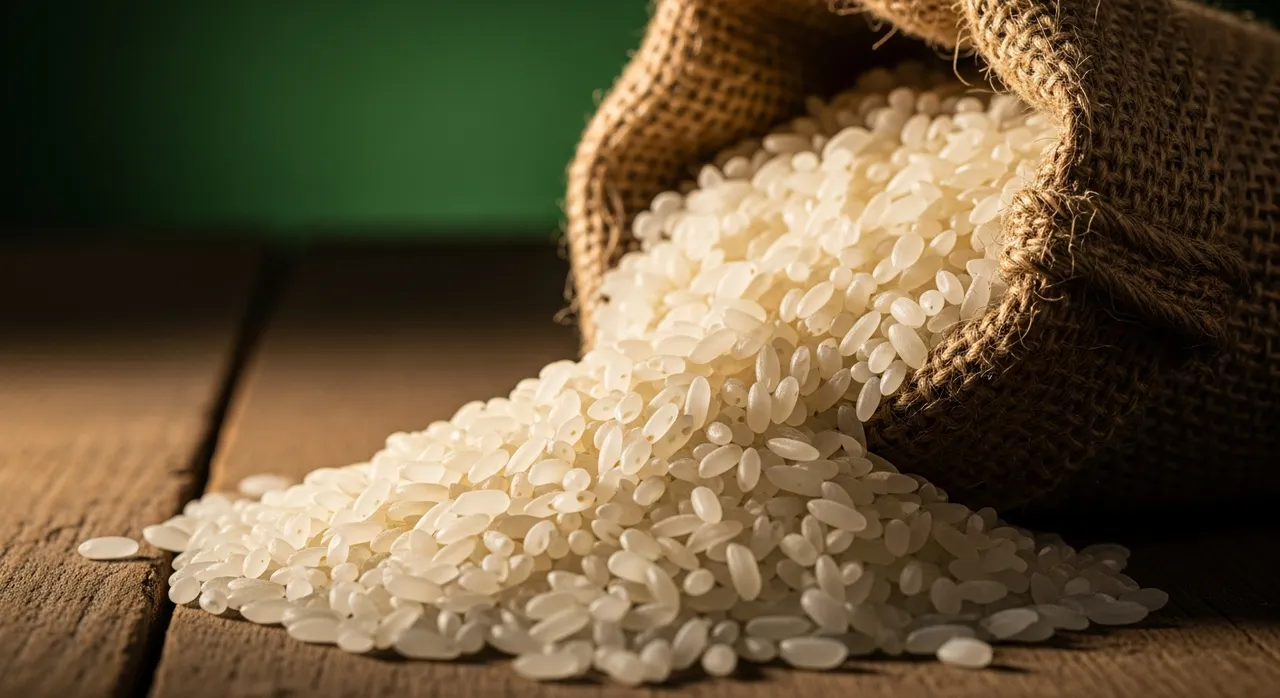 White rice grains in woven sack