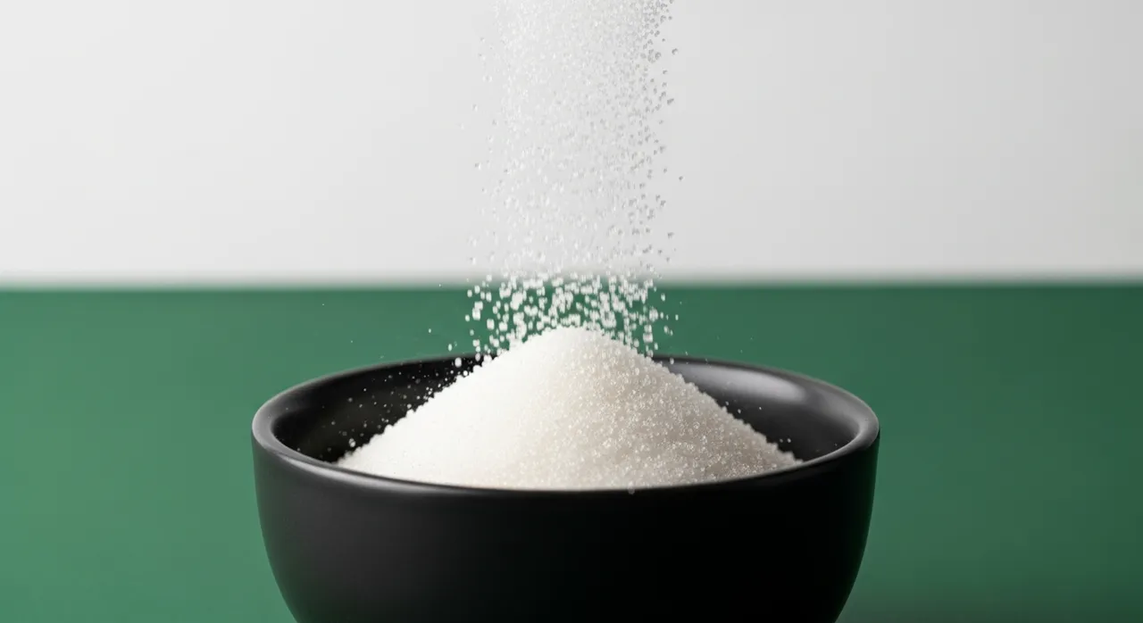 White sugar crystals in a dark ceramic bowl